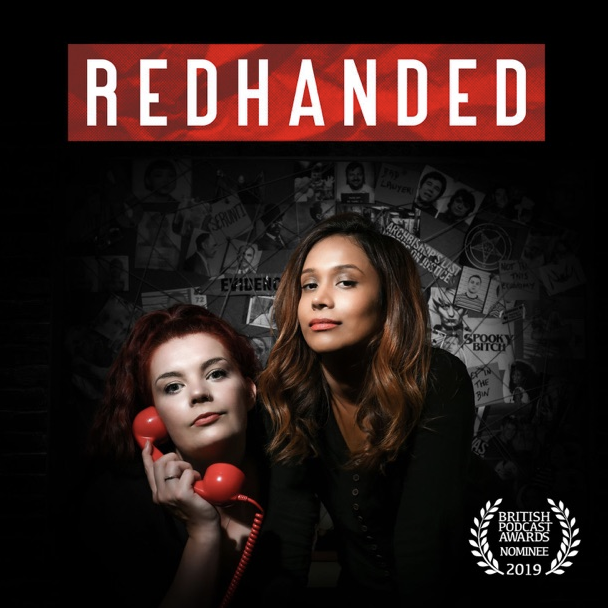 red handed podcast cover with two women and a police investigation board behind them and holding an old red phone