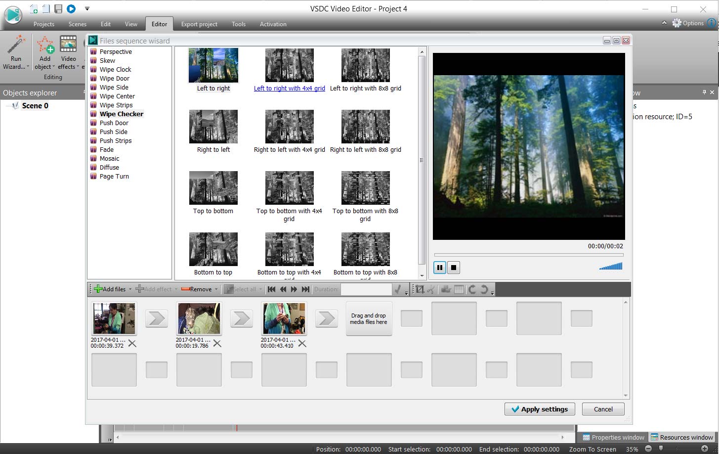 Inserting multiple clips simultaneously pulls up a convenient storyboard interface with built-in holders for transitions.