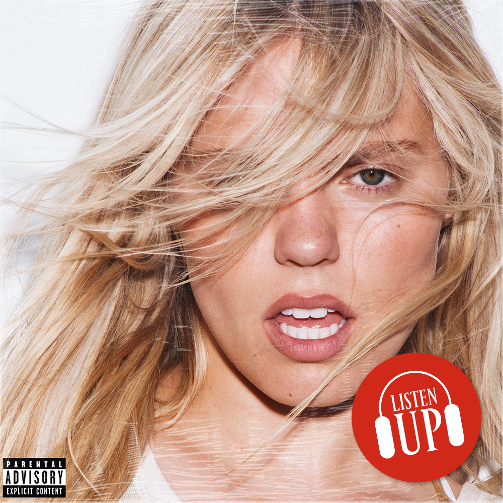 A graphic with the album artwork for Renee Rapp&#039;s album &#039;Bite Me&#039;, and a sticker reading &quot;Listen Up.&quot;