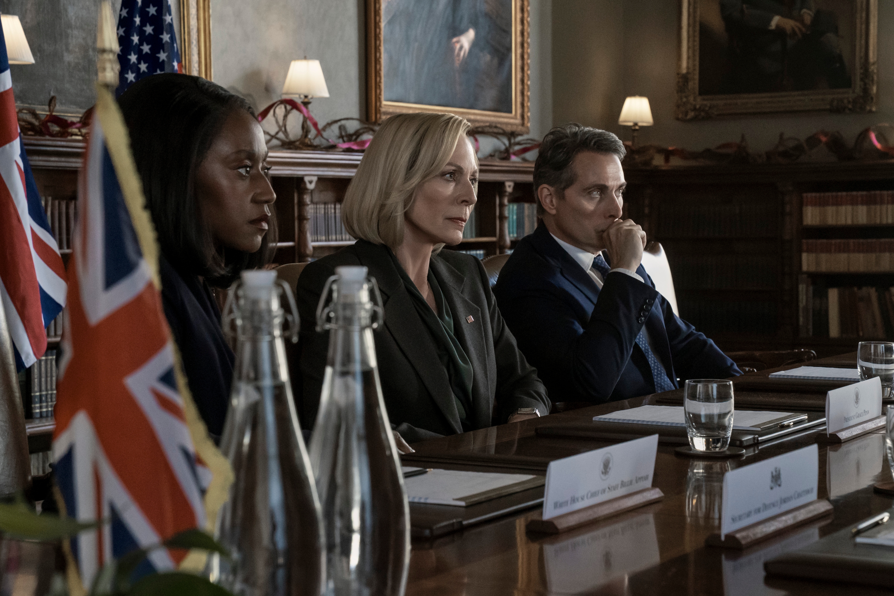 The Diplomat. (L to R) Nana Mensah as Billie Appiah, Allison Janney as Grace Penn, Rufus Sewell as Hal Wyler in episode 308 of The Diplomat. Cr. Clifton Prescod/Netflix © 2025