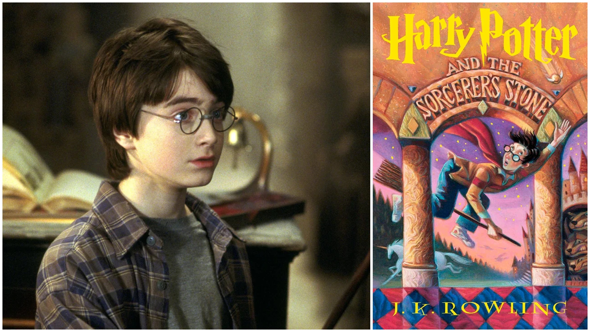danielle radcliffe in the first harry potter movie split with an image of the sorcerer&#039;s stone book cover