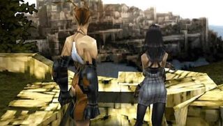 Best PS1 games – Vagrant Story screenshot of two characters looking out at a city.