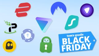 VPN logos on a blue background, with a price tag that says "Black Friday"