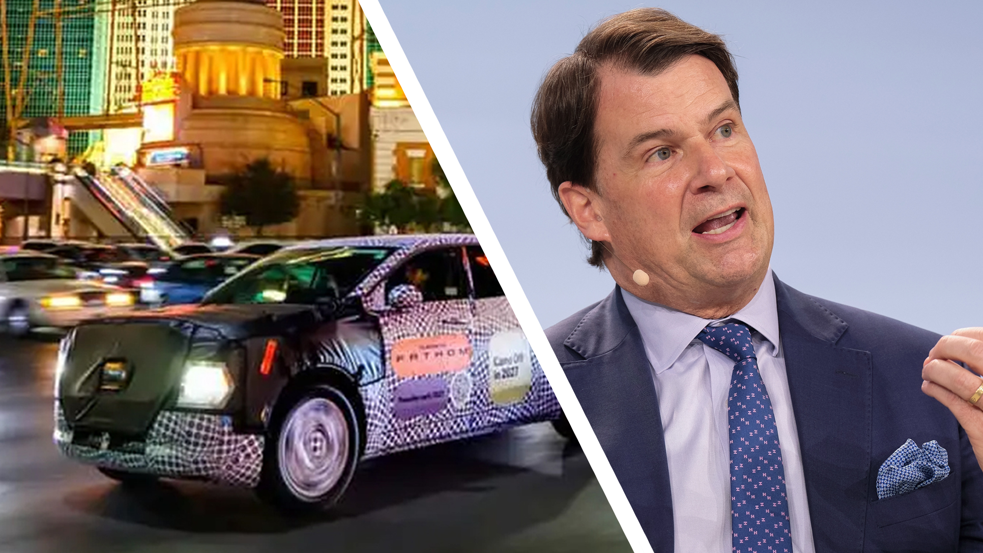 A Ford Fathom EV next to Ford CEO Jim Farley