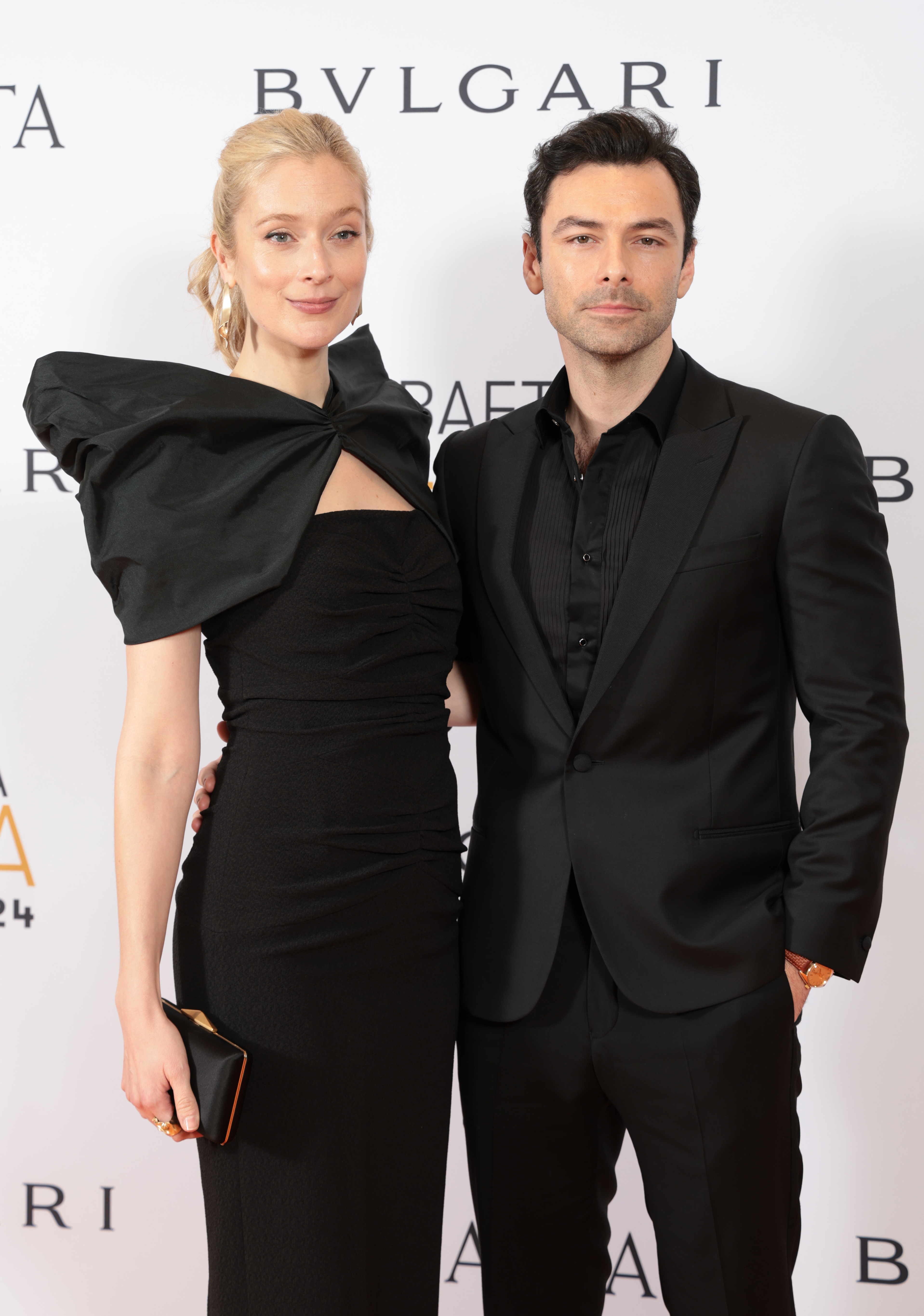 Caitlin Fitzgerald and Aidan Turner attend the BAFTA Gala 2024, Supported By Bulgari at The Peninsula Hotel on February 15, 2024 in London, England.