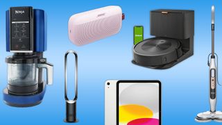 A collage featuring the Ninja Creami, Bose Soundlink, Dyson Tower Fan, Shark Mop, Roomba and iPad