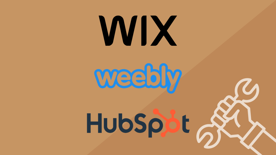 B&auml;sta gratis webbplatsbyggare: Wix-, Weebly- och Hubspot-logos mot en brunbeige bakgrund.