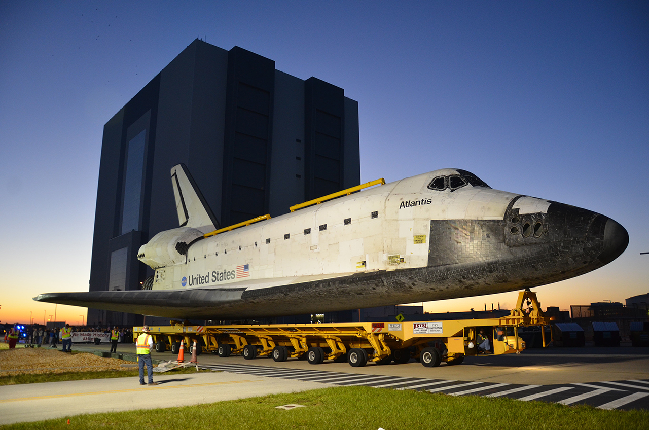 Space shuttle Atlantis, as seen inside NASA&#039;s Vehicle Assembly Building for the final time