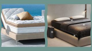 White & Gold Saatva Solaire Adjustable Mattress head elevated on beige bed base with ocean backdrop (left). Black Eight Sleep Pod 5 on bed in grey-toned bedroom with control unit at side (right). 