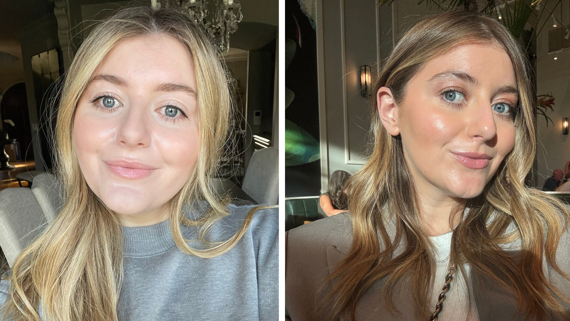 a split screen shot of a blonde woman facing the camera with glowy skin