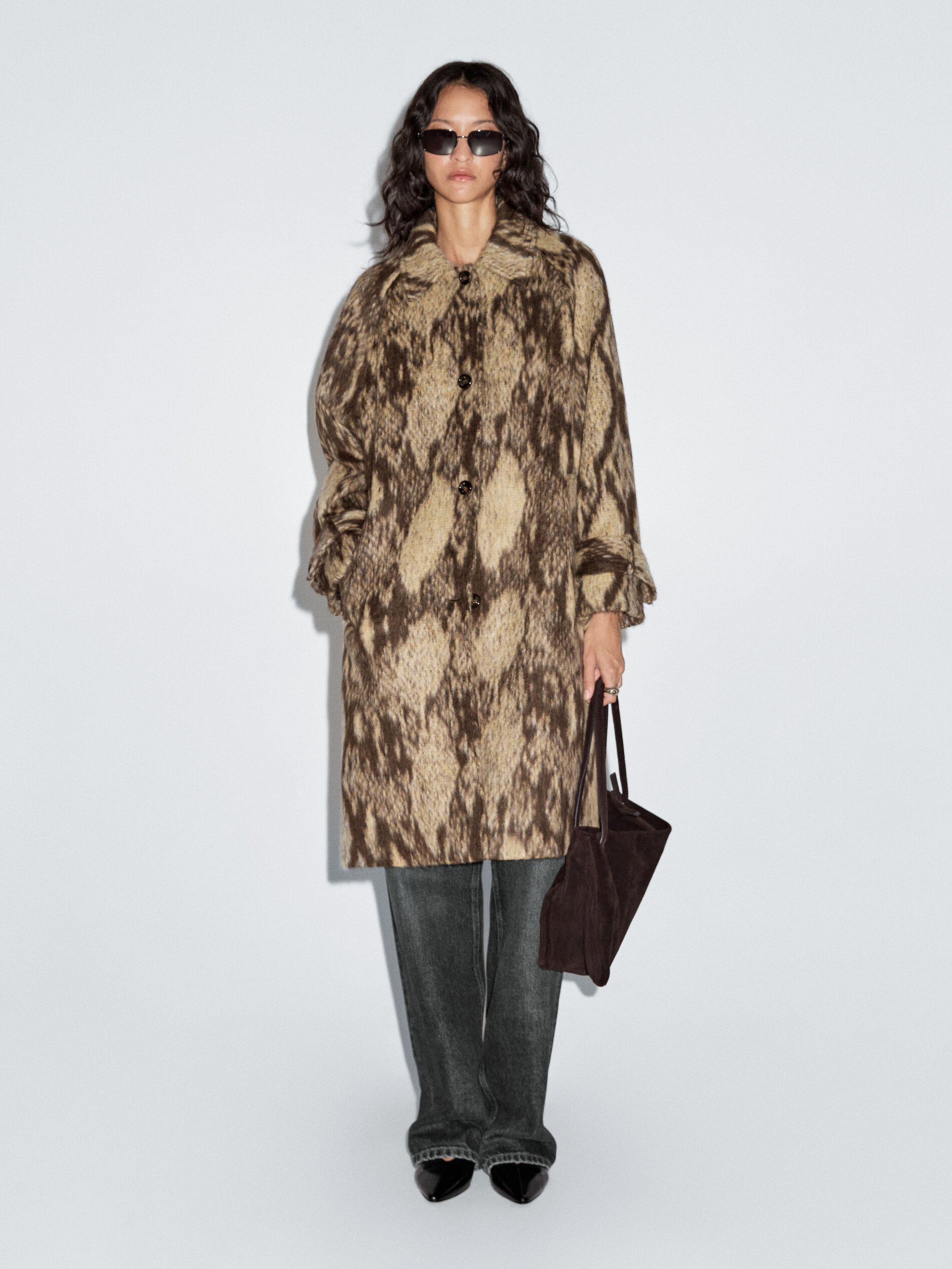 Long Wool Blend Snakeskin Print Coat