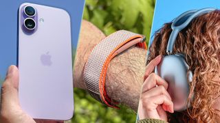 A split image showing an iPhone 17, Fitbit Air and Apple AirPods Max 2