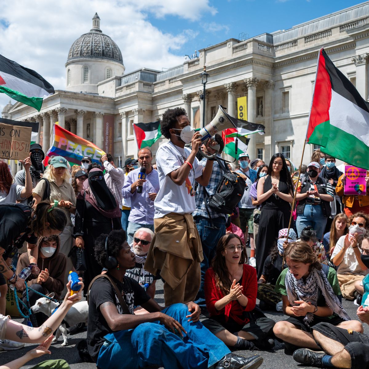 Pro-Palestinians chant to the crowds in Trafalgar Square on June 23, 2025 in London, England. Members of the Palestine Action (PA) campaign group called an emergency demonstration as Home Secretary Yvette Cooper proscribed the group, making it unlawful to join the organisation. 