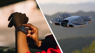 DJI Neo 2 drone in flight and Apple Watch on user's wrist