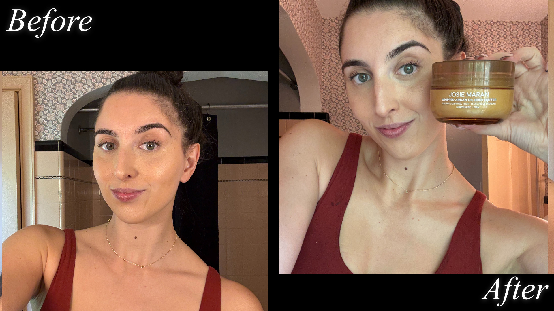 Marisa Petrarca before and after using the Josie Maran Vanilla Vibezzz Whipped Argan Oil Body Butter