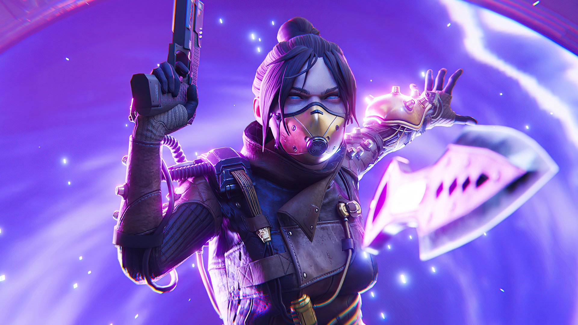 Apex Legends character Wraith wearing a face mask and summoning a large blade