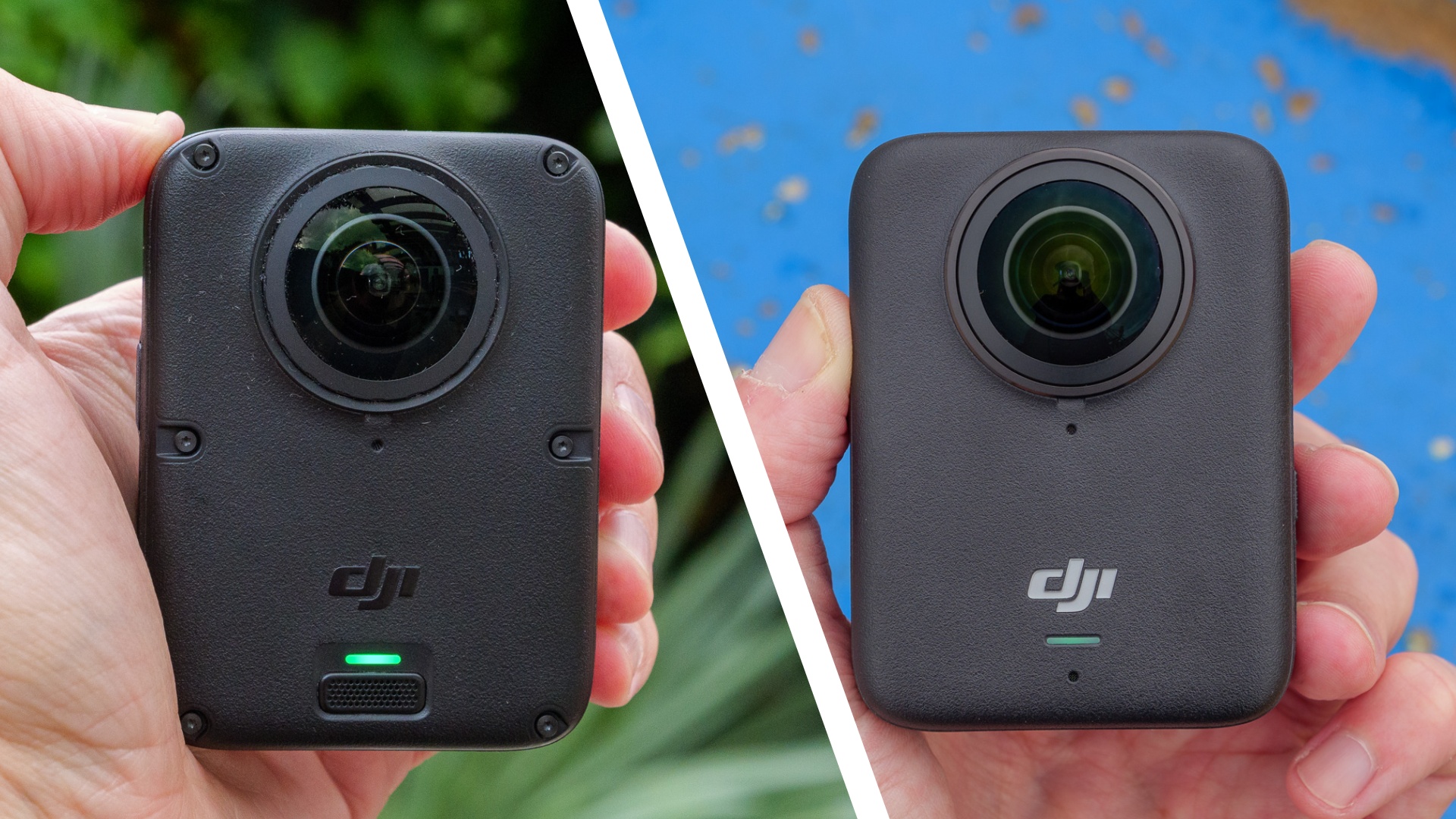 DJI Osmo 360 II  camera in user's hand (left), DJI Osmo 360 camera in user's hand (right)