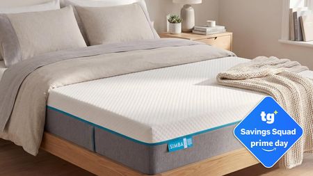 Simba Simbatex Cool Mattress on a wooden bed frame in a beige bedroom on a sunny day