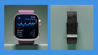 Rose gold Apple Watch with purple strap on sage green studio background (left). Black fabric Whoop fitness tracker with silver clasp on sage green studio background (right)