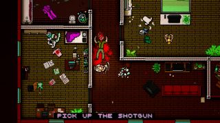 A screenshot of a player walking through a house during Hotline Miami, one of the best PS3 games.