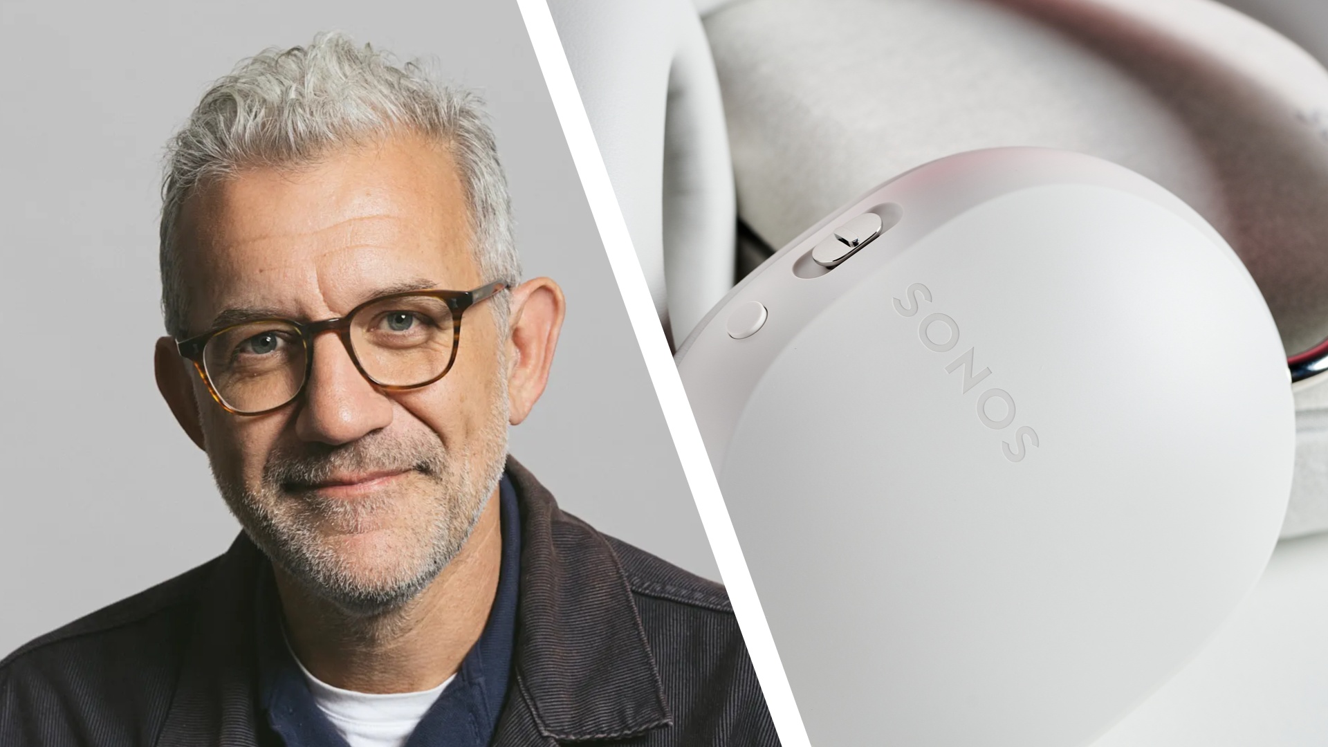 A headshot of Sonos CEO Tom Conrad on the left, on the right is a close-up of the Sonos logo on a pair of Sonos Ace headphones