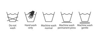 Black laundry symbols on a white background for do not wash, hand wash only, machine wash normal, machine wash permanent press and machine wash gentle laundry symbols for washing