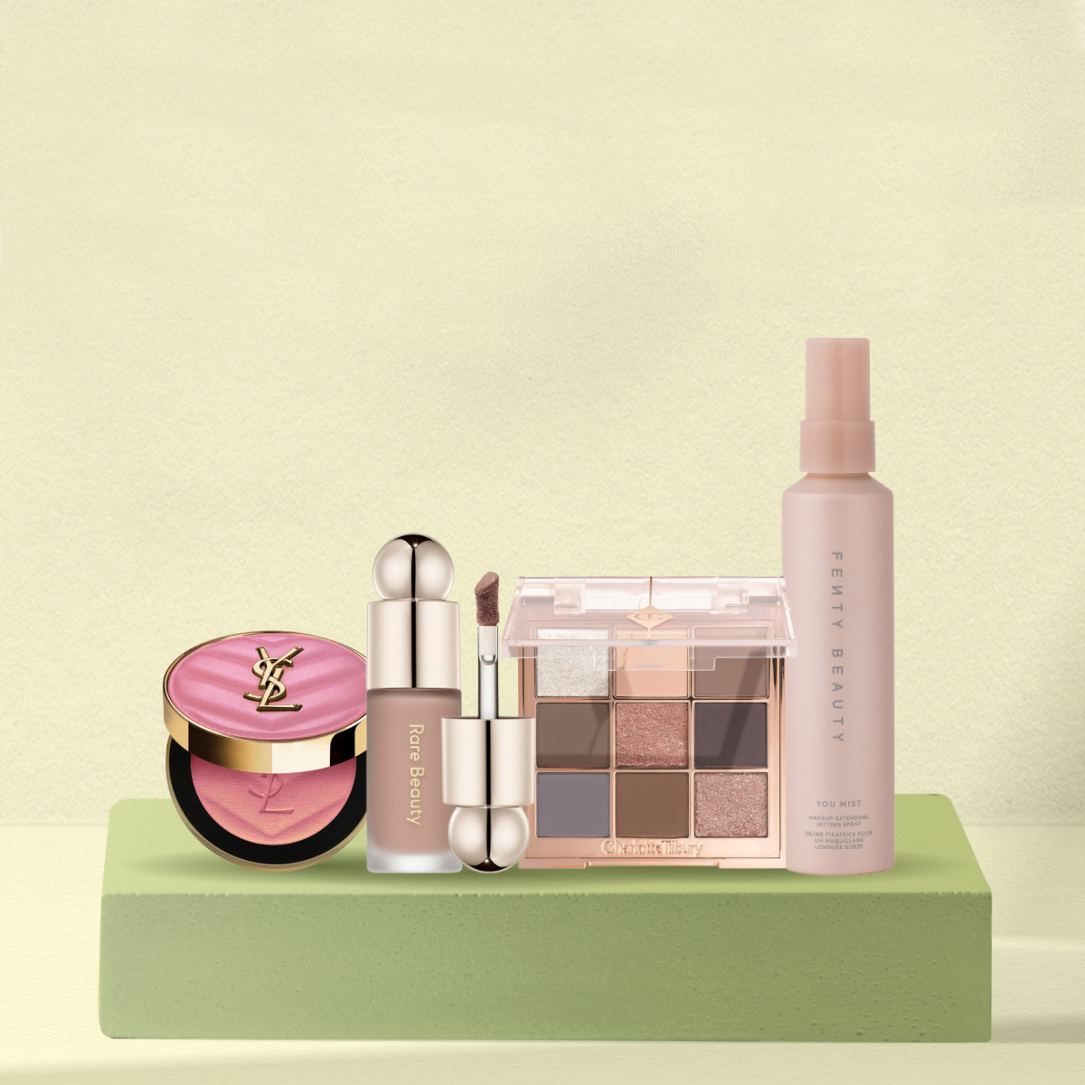 Make up sold at Sephora on a Yellow back ground and a green box 