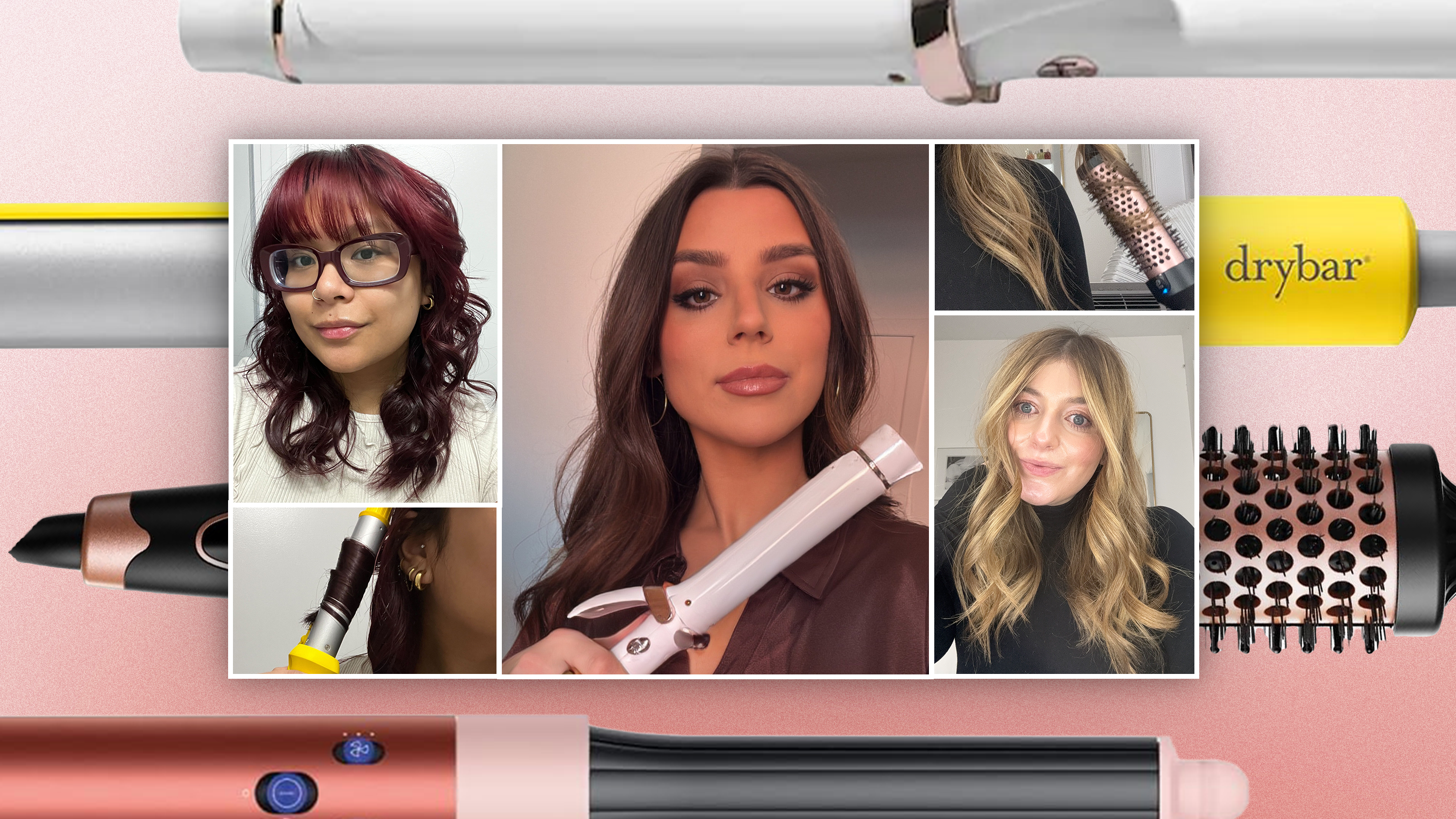 Beauty Editors testing curling irons in a five part graphic over a pink background
