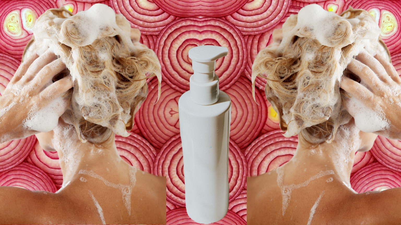 red onion background with two white women washing their hair and a white shampoo bottle in the middle