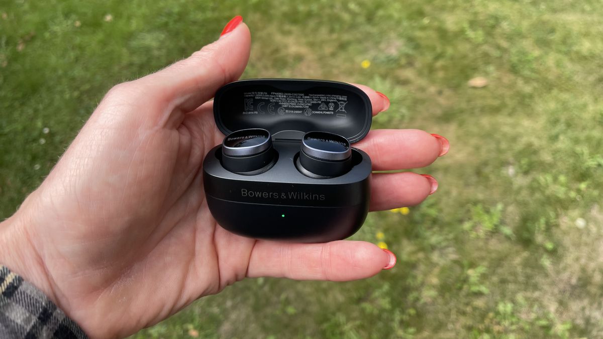 Bowers &amp; Wilkins Pi8 earbuds, held in a hand on grassy background