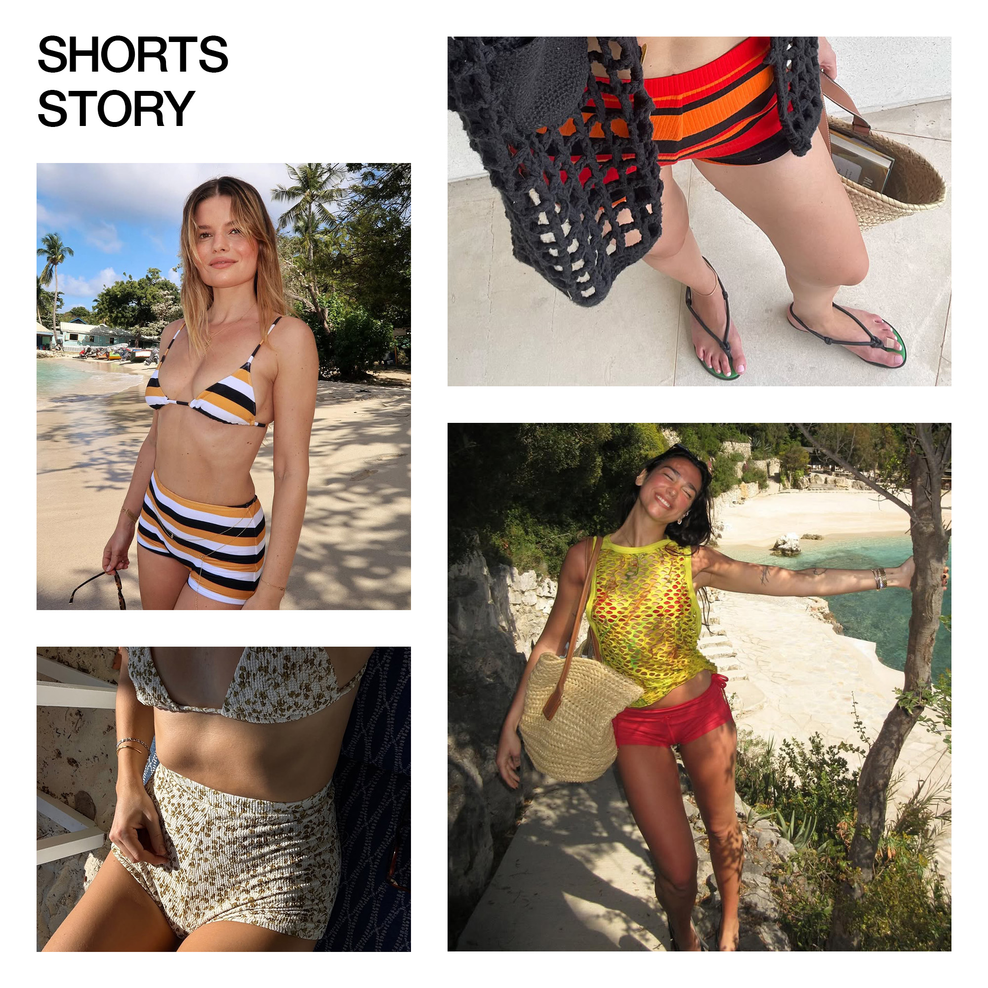 A collage of celebrity and influencer imagery featuring the summer 2025's swim shorts trend.