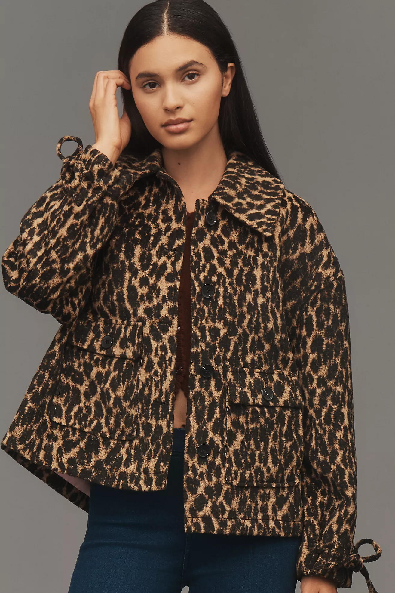 Avec Les Filles Bow-Sleeve Leopard Jacket