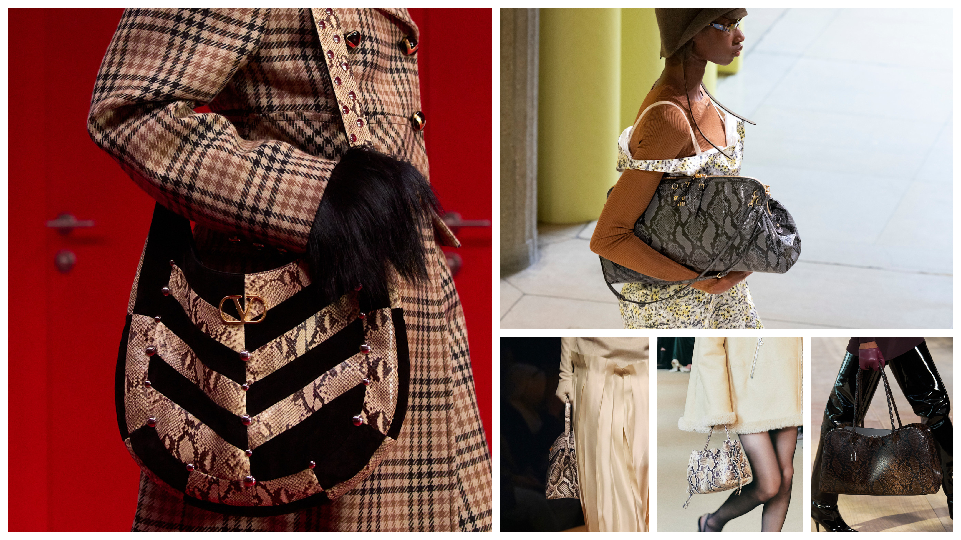Snake print bags at Valentino, Miu Miu, Khaite, and Stella McCartney