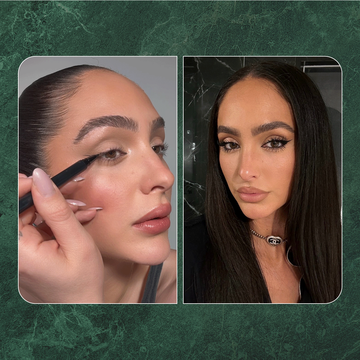 A GIF of Ash K. Holm applying eyeliner next to a picture of Ash K. Holm with winged liner. 