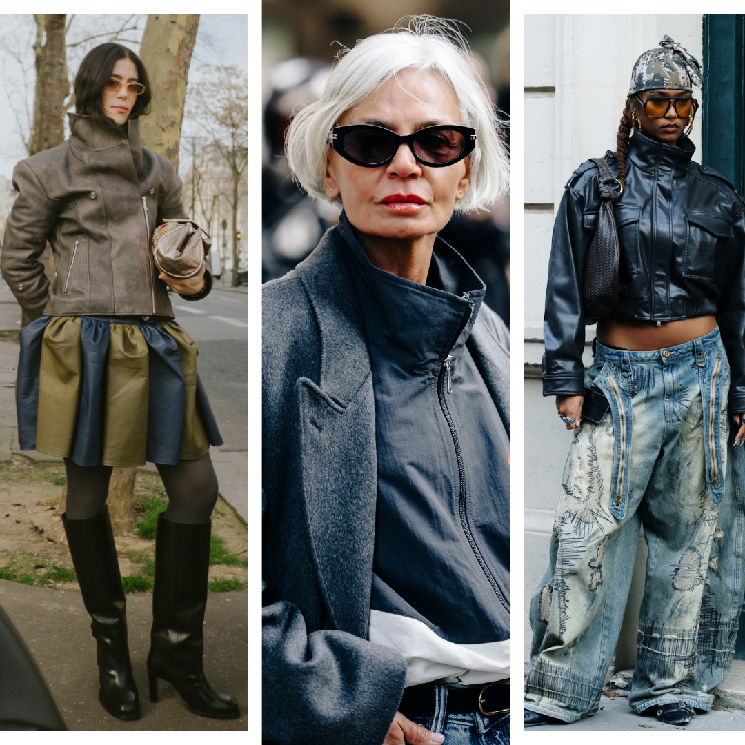 a woman wearing funnel-neck jackets—a brown funnel-neck leather jacket, green and blue striped skirt, orange glasses—at paris fashion week