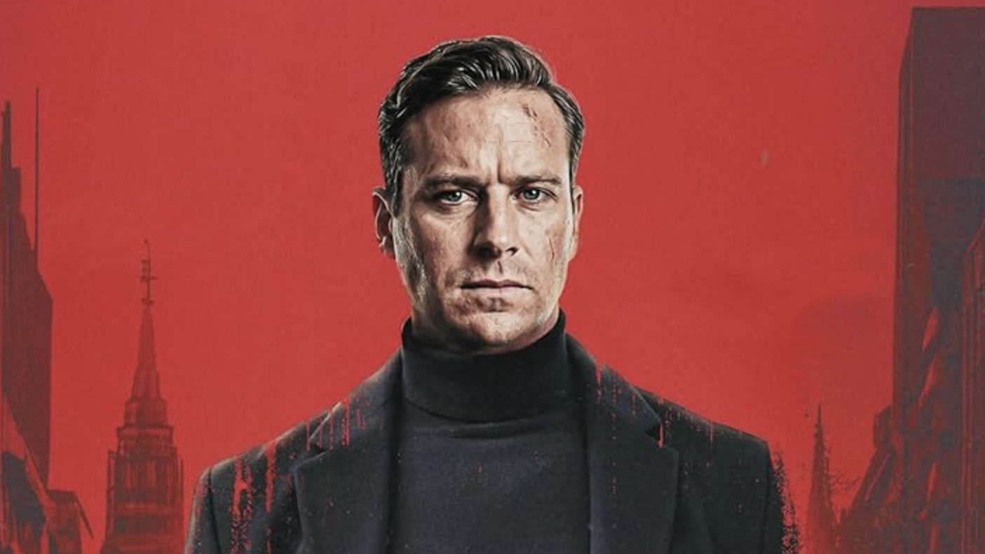 Citizen Vigilante movie poster featuring a graphic of a stern looking Armie Hammer in black rollneck jumper and black coat