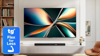 The Hisense U65QF Mini-LED TV, wall-mounted in a modern living room setting alongside a super-imposed, blue-colored badge that reads: "TG Flex for Less"