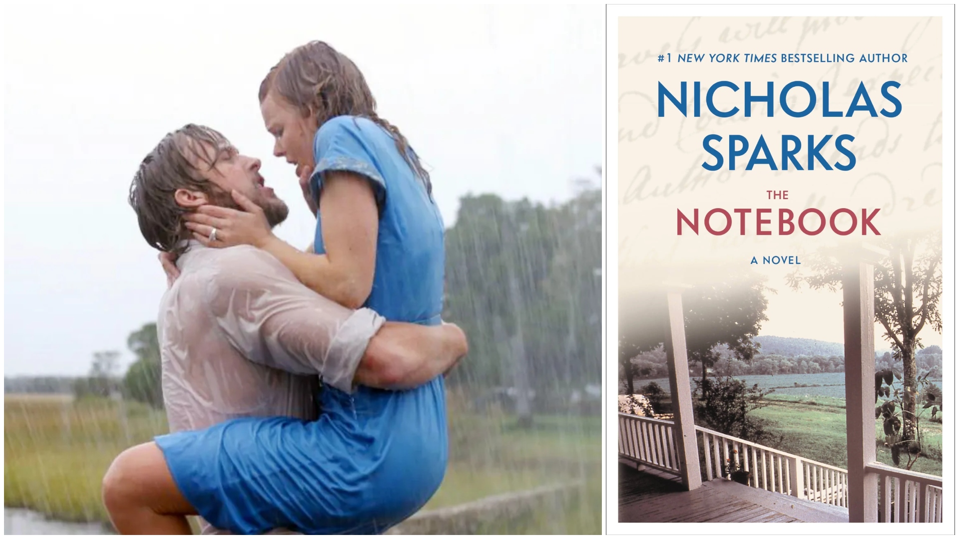 a split image of the kiss in the rain scene in the notebook and the book cover