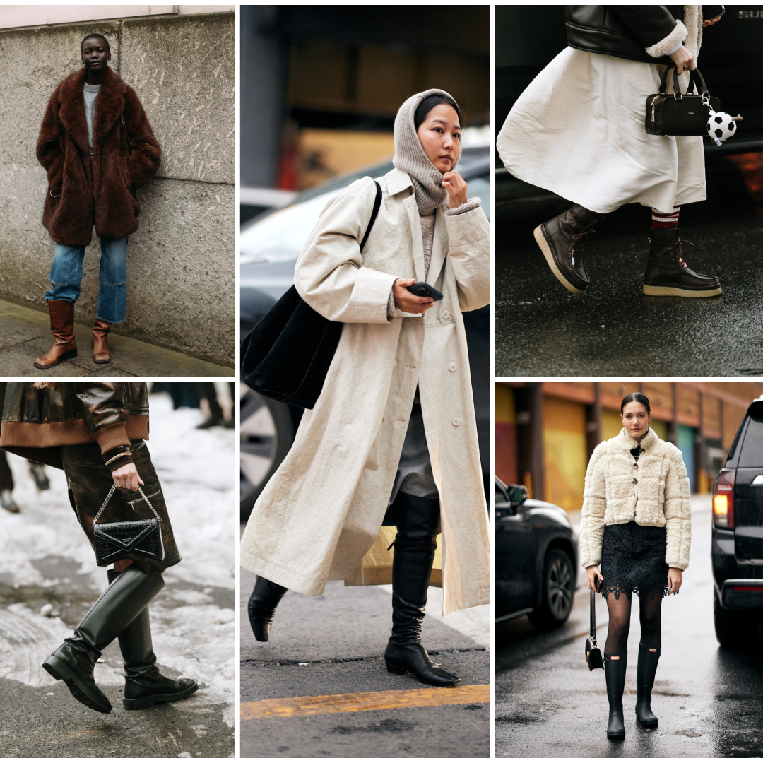 a collage of women at new york fashion week wearing winter boots and shoes