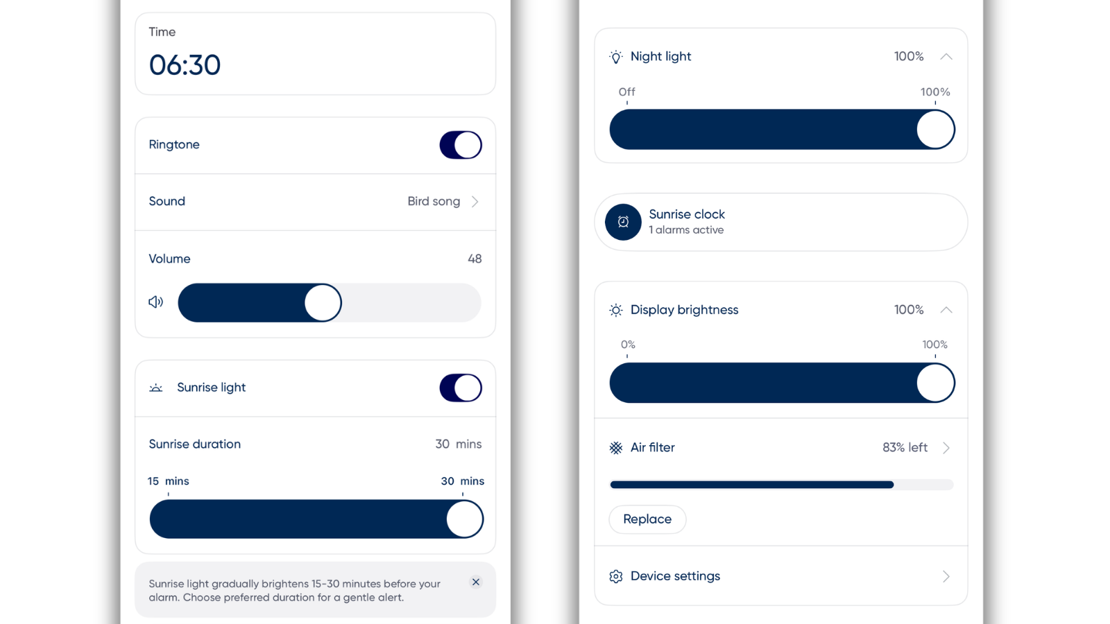 Blueair Mini Restful app showing alarm settings, sunrise light controls, display brightness and night light options
