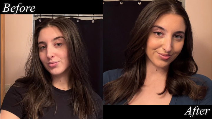 Photos of Marisa Petrarca&#039;s hair before and after using Rahua&#039;s Detangler Spray + UV Protection.