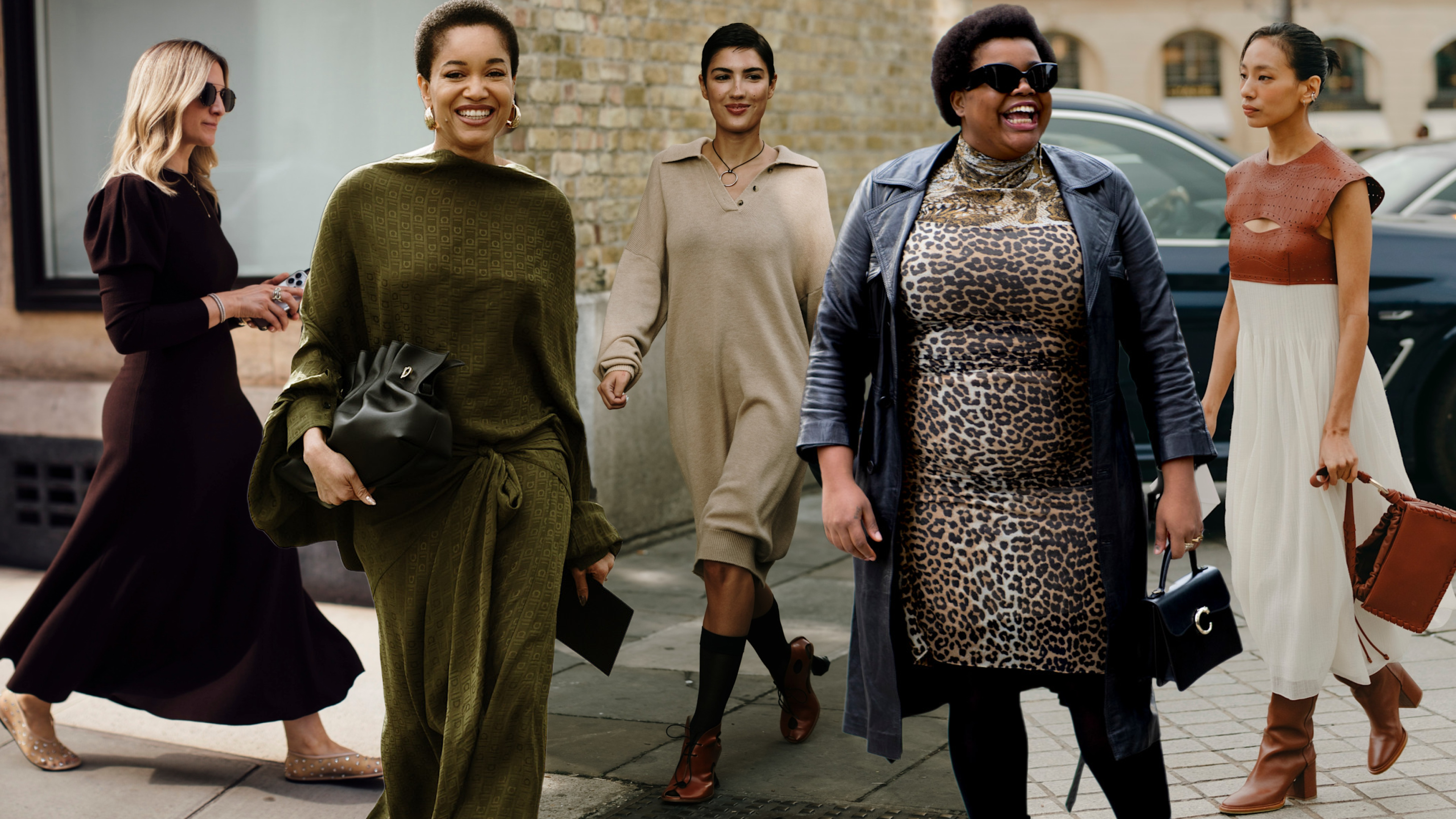 collage of women wearing fall dresses