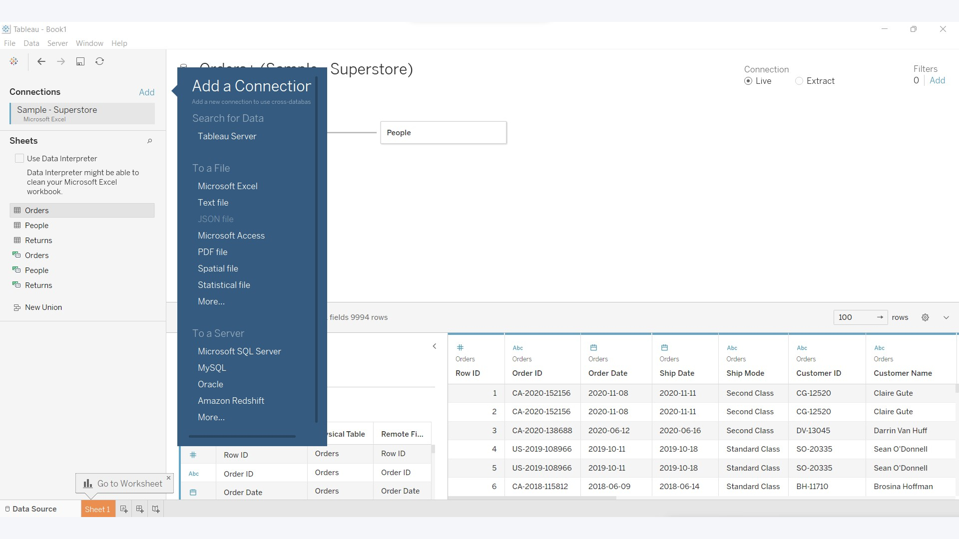 Tableau&amp;rsquo;s relationship manager with cross database join menu open