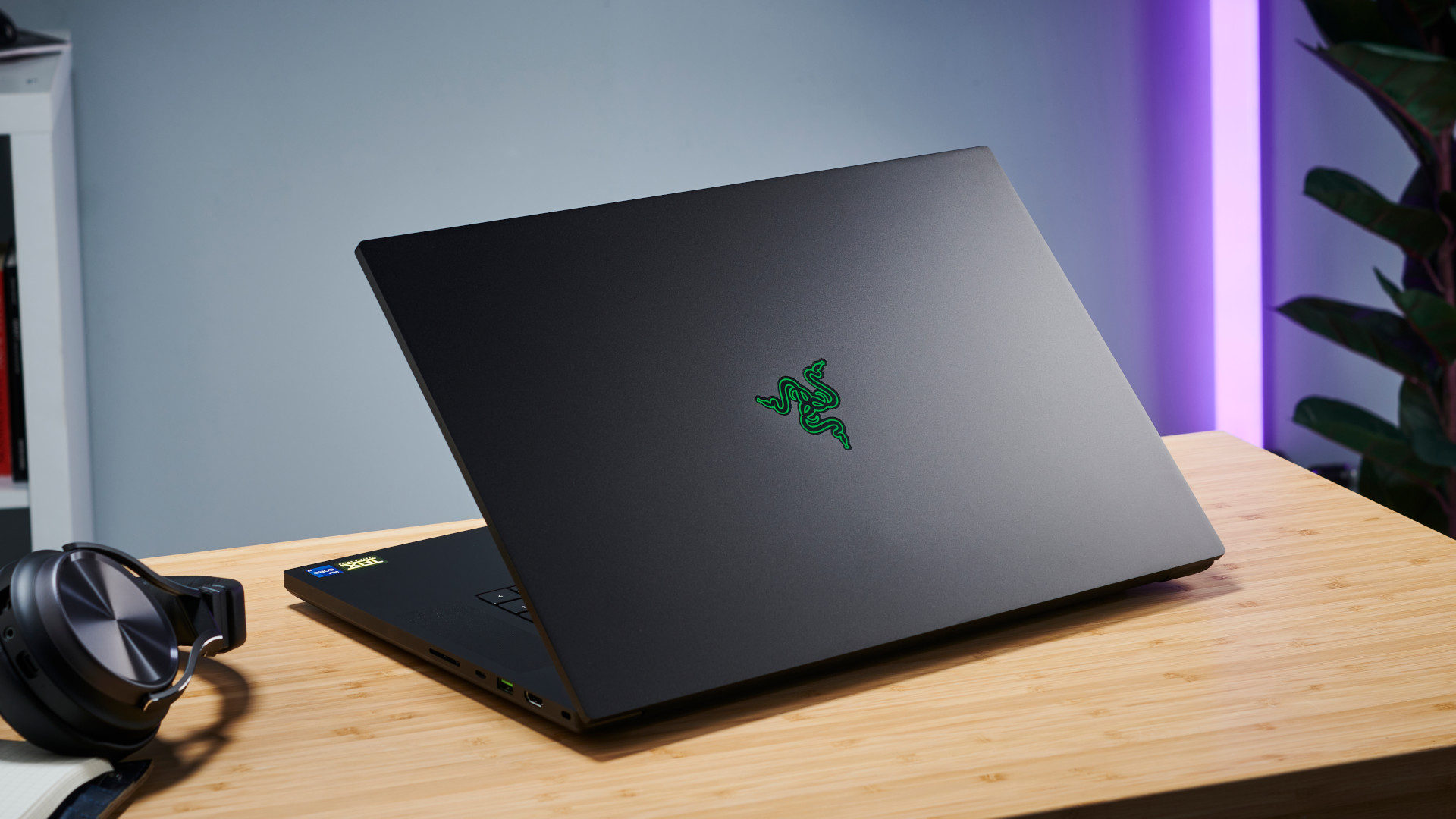 The rear of the Razer Blade 17 (2022) showing the green Razer logo