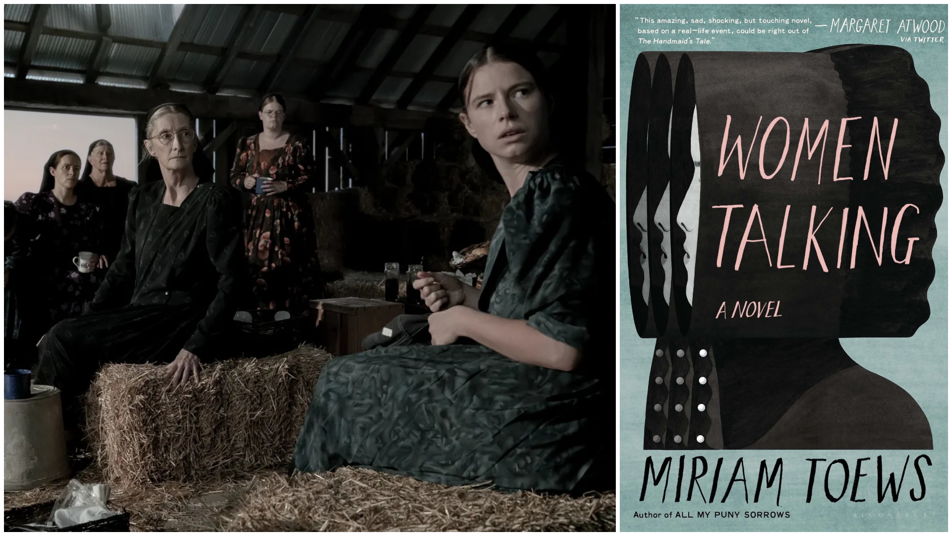 a split image of the movie women talking and the book cover