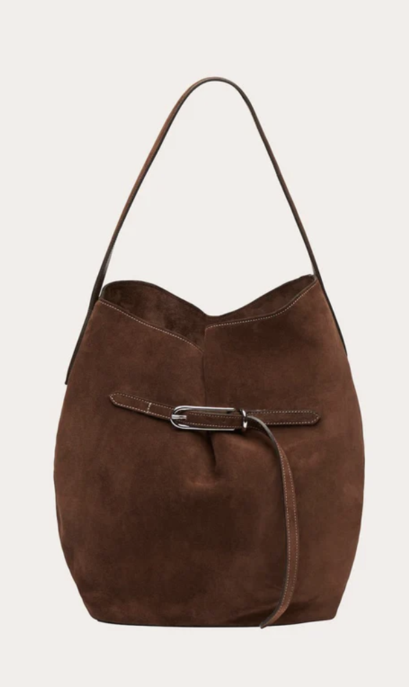 Liffner, Belted Bucket Bag Large Dark Brown Suede
