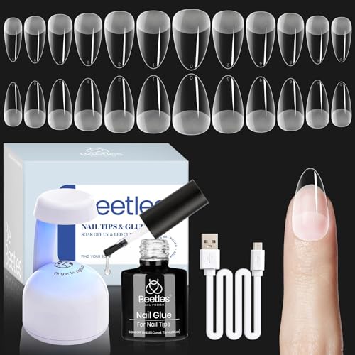 Beetles Gel Nail Kit Amond Shape - 504pcs Beetles Gel Nail Kit Easy Nail Extension Set Etch X Nail Tips Short Almond Half Matte Nail Tips 9 in 1 Nail Glue Uv Led Nail Gift for Women &amp;amp; Girls