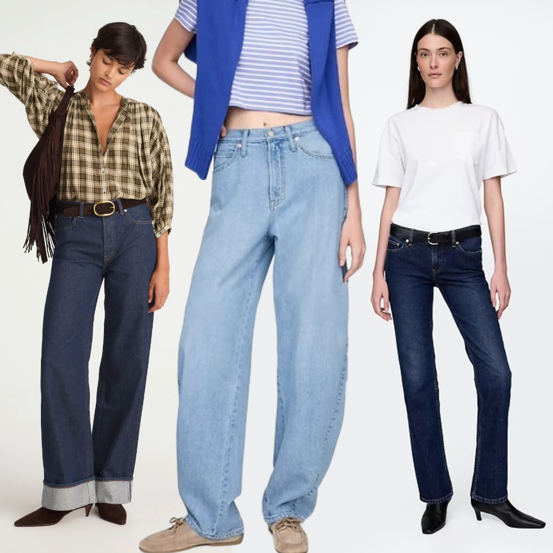 photo collage of models wearing gap and madewell jeans on gradient background