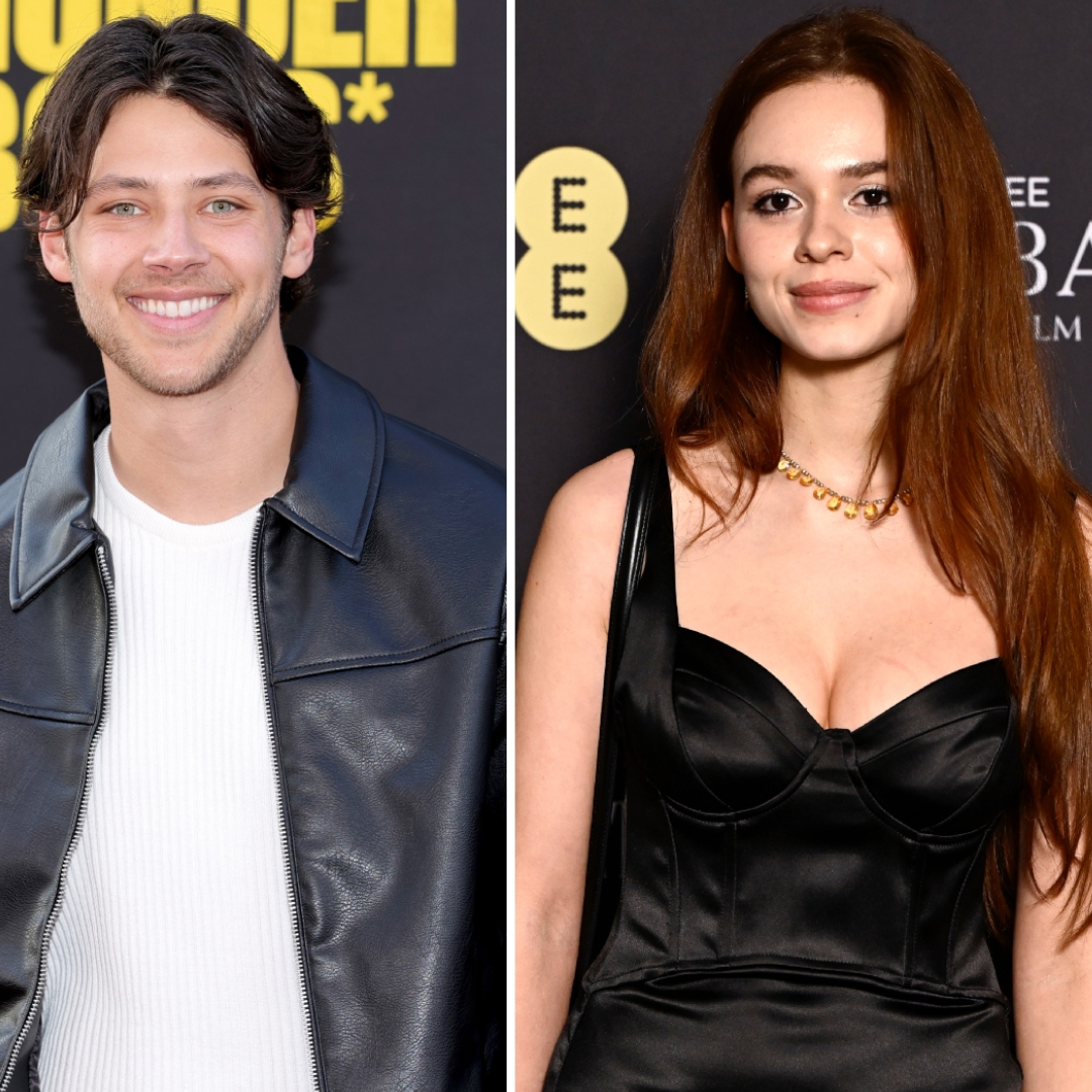 a split image of actors matt cornett and sadie soverall on red carpets