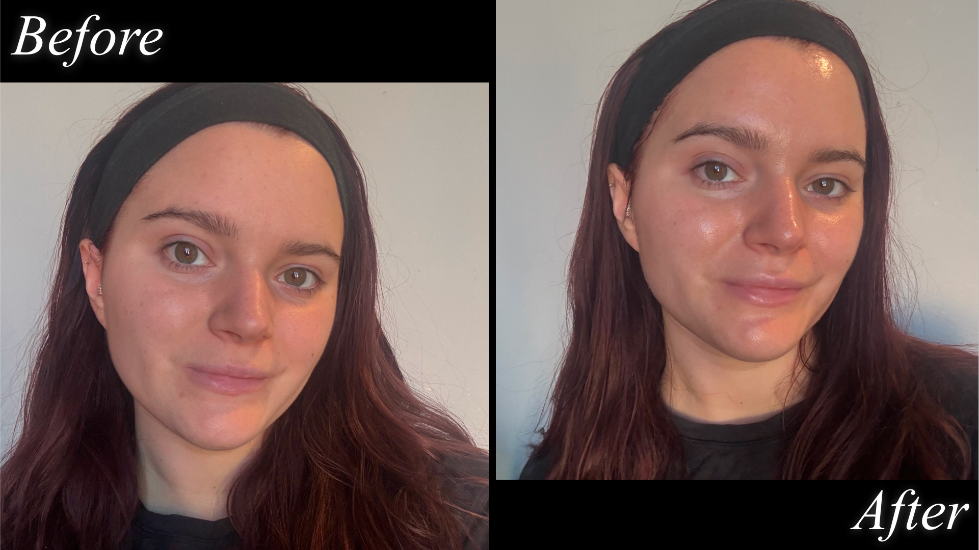 Brooke Knappenberger before and after photos testing the shark facialpro glow device on black background with &quot;before&quot; and &quot;after&quot; white text